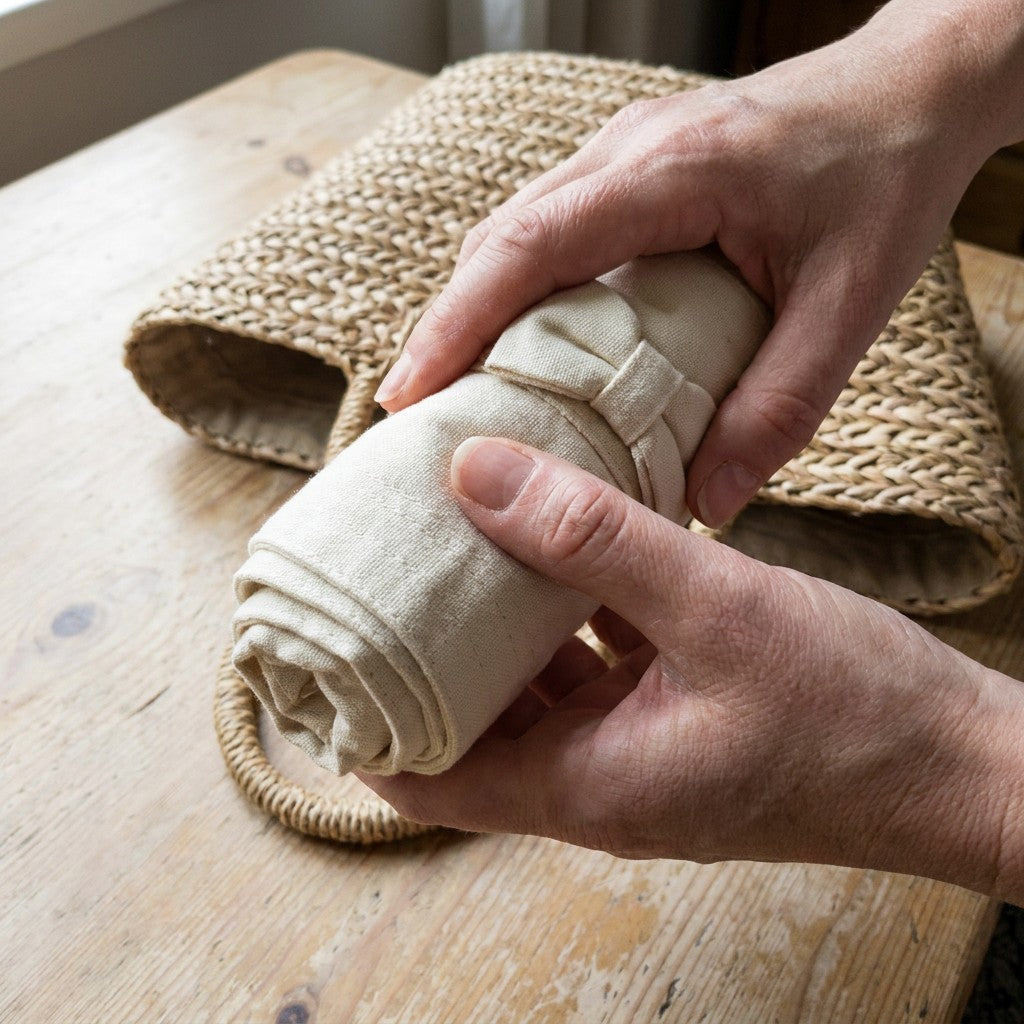 Le chapeau Ombrea roule et range dans un sac en paille