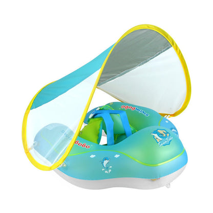 Bouée bébé AquaCocon bleue : auvent pare-soleil déployé et harnais de maintien