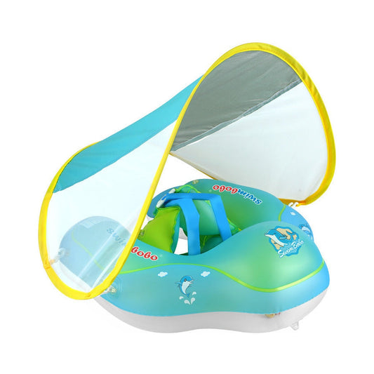 Bouée bébé AquaCocon bleue : auvent pare-soleil déployé et harnais de maintien