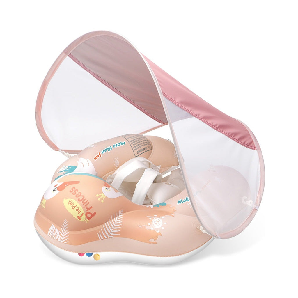 Bouée bébé AquaCocon rose : auvent pare-soleil déployé et harnais de maintien