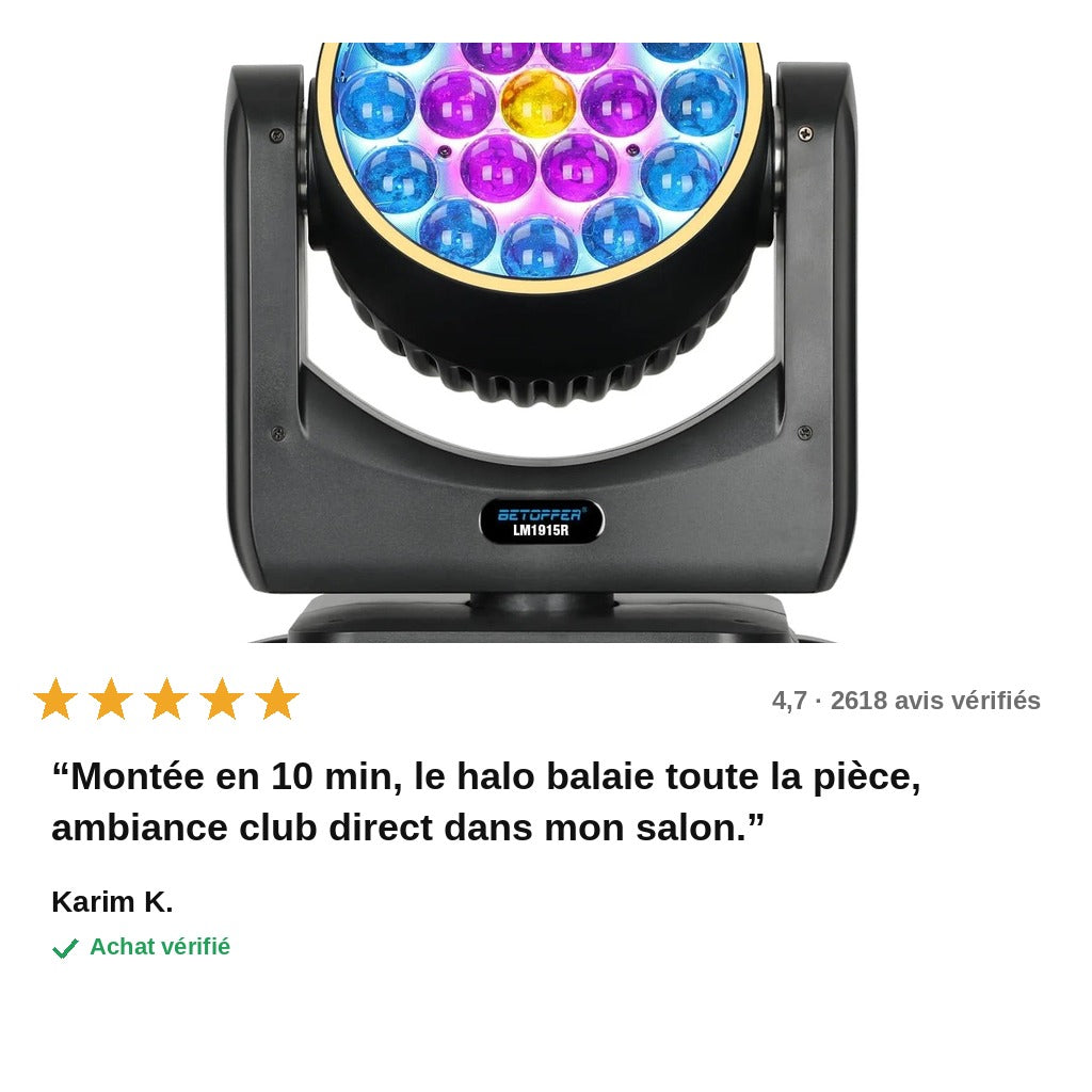 Lyre LED DJ Pro HaloPulse™ – Tête Mobile RGBW Anneau Halo 19×15W