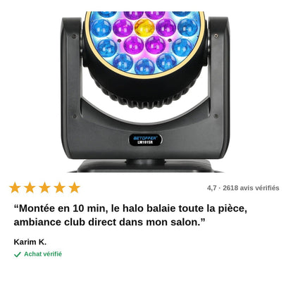Lyre LED DJ Pro HaloPulse™ – Tête Mobile RGBW Anneau Halo 19×15W