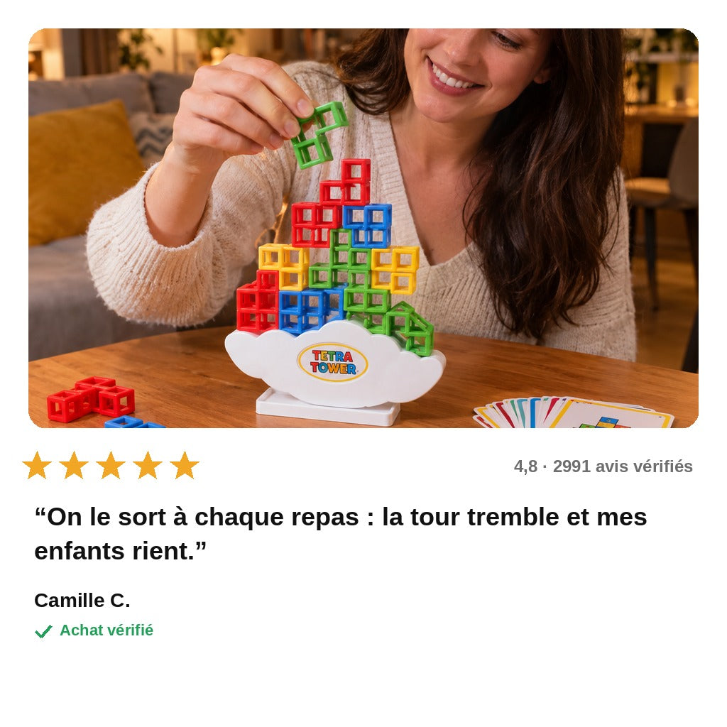TétraTour™ – Jeu d'Empilage en Famille avec Cartes Défi
