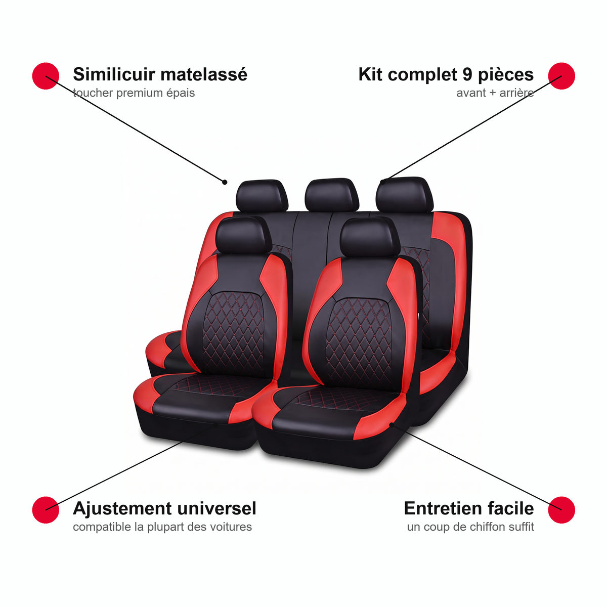 Ensemble 9 Housses de Siège Auto en Cuir – Kit Universel Avant + Arrière