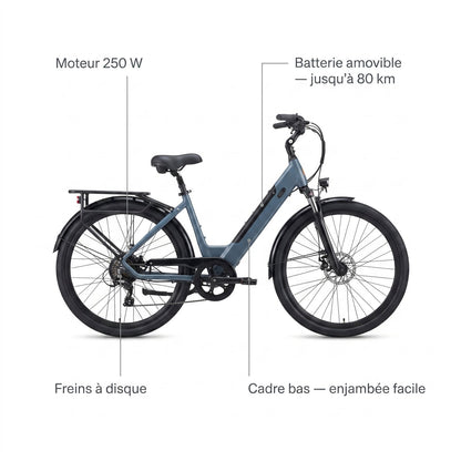 CityVolt — 250 W, batterie amovible, 80 km, freins à disque