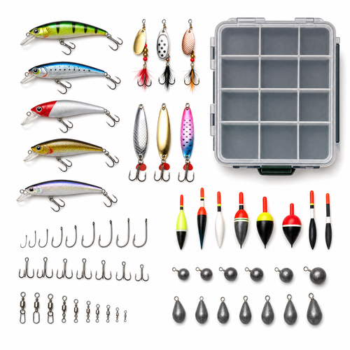 Kit complet pêche OFFERT 🎁 — leurres, hameçons, flotteurs, plombs + boîte