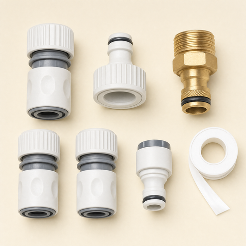 Kit raccords arroseur 🎁 — raccords rapides + adaptateur robinet + ruban d'étanchéité