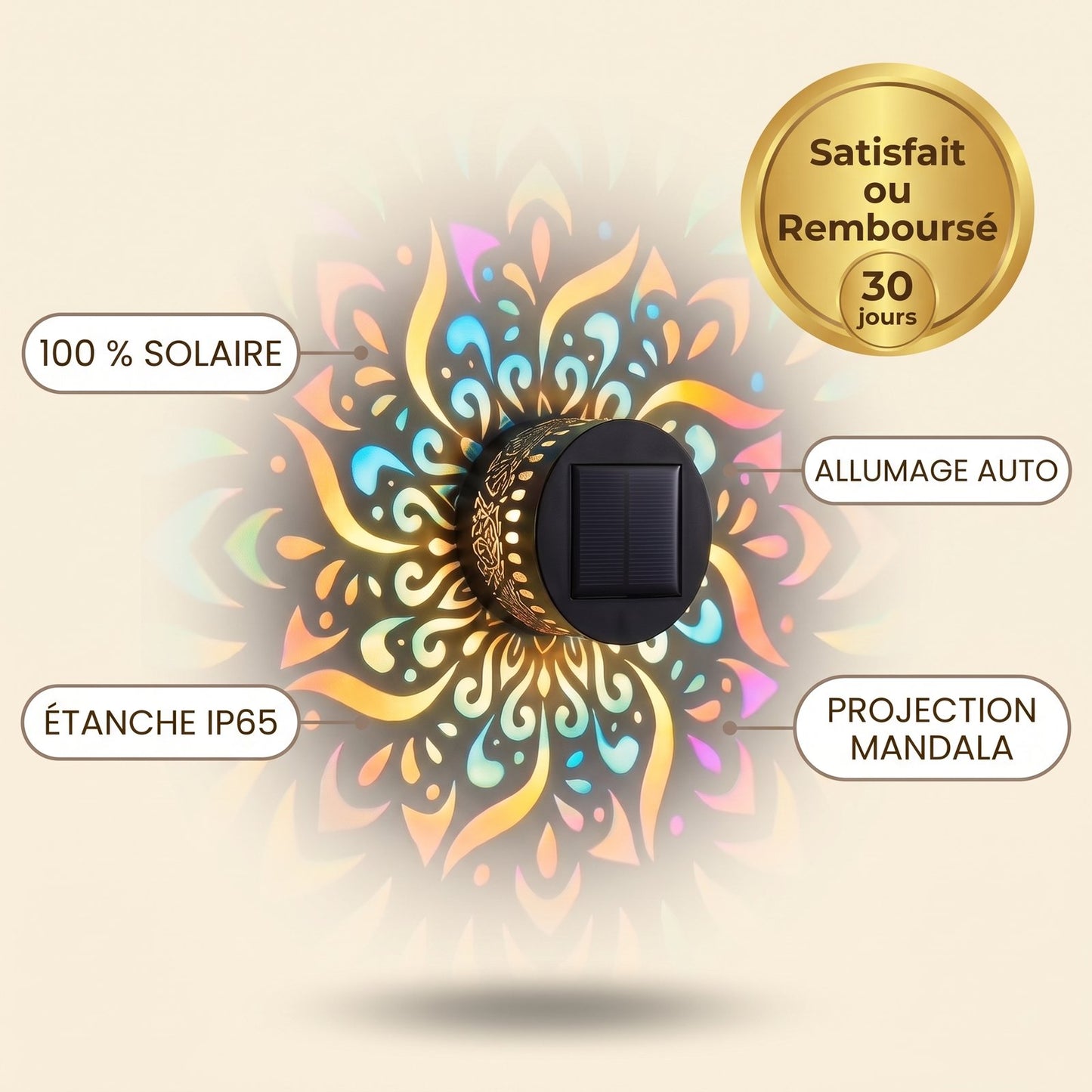 Lampe Mandala Lumina — 100 % solaire, IP65, allumage auto