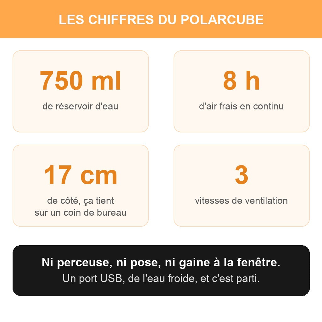 Les chiffres du PolarCube : 750 ml, 8 h, 17 cm, 3 vitesses