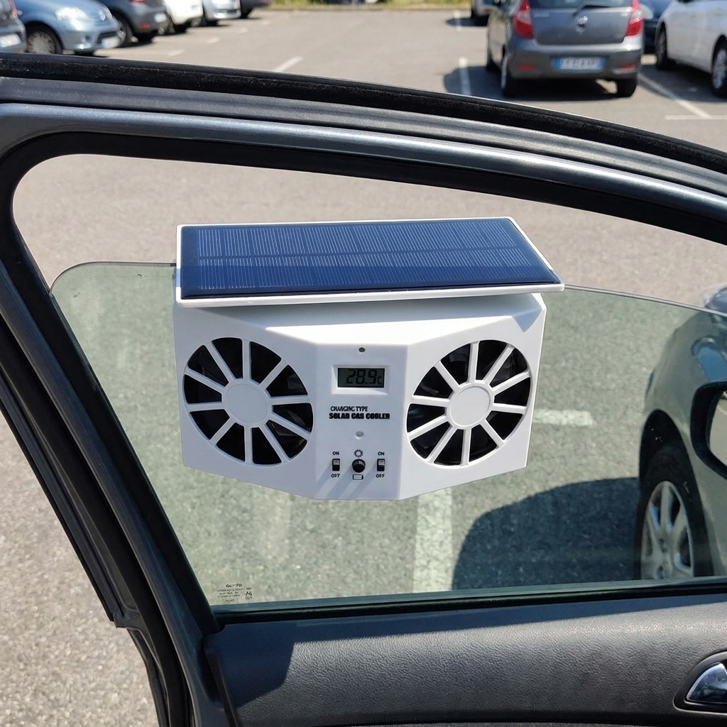 SolarVent — posé sur la vitre entrouverte, maintenu par le verre