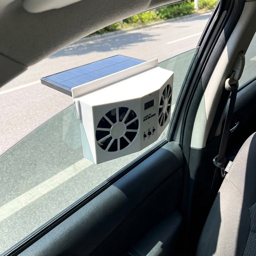 SolarVent — vu de l'habitacle, monté sur la vitre entrouverte