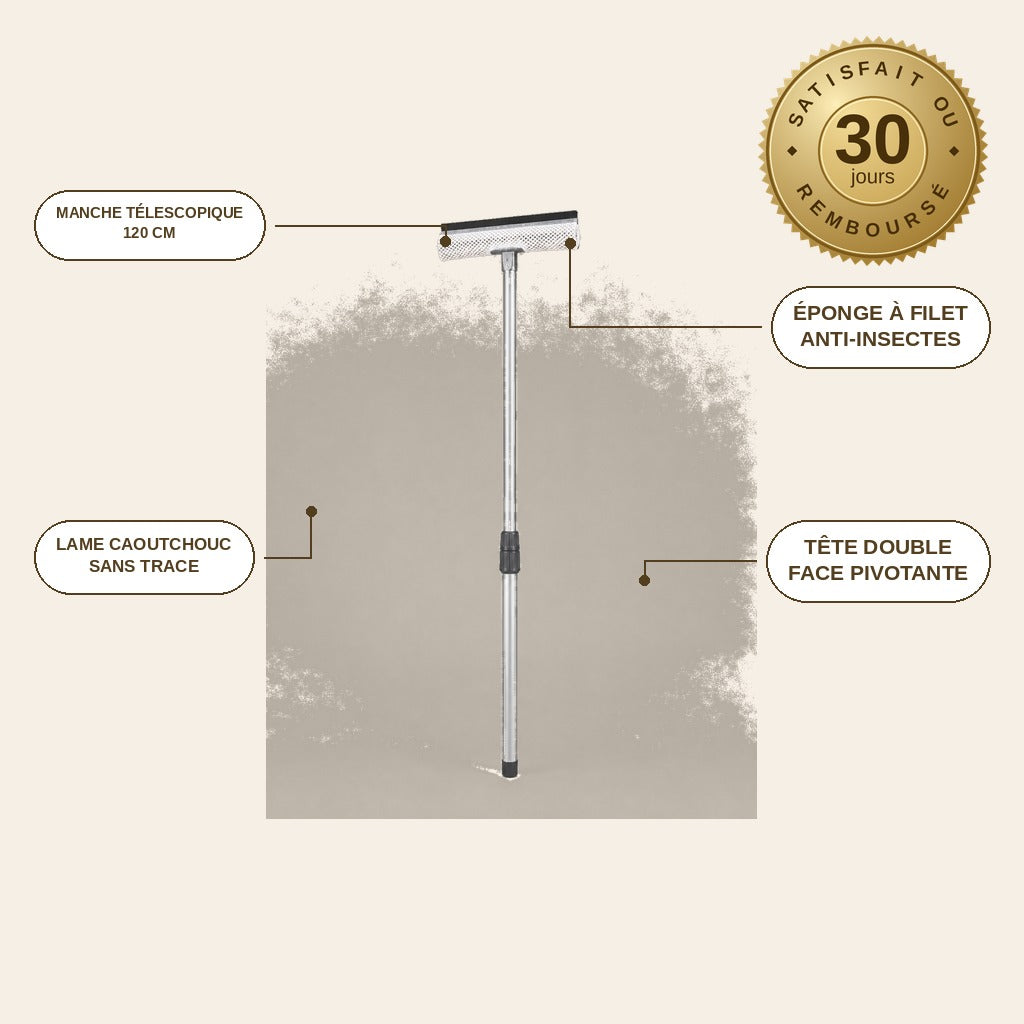 infographie — Vitréo™ – Raclette Lave-Vitres Télescopique Double Face 120 cm