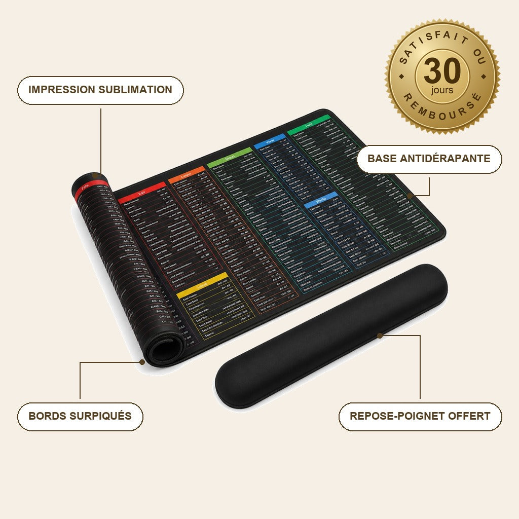 ShortMat™ – Grand Tapis de Souris avec Raccourcis Clavier
