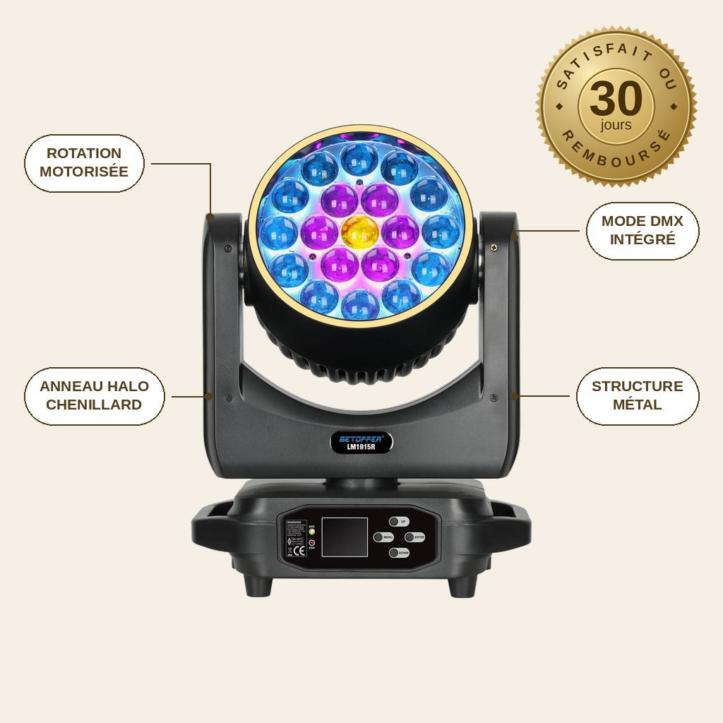 Lyre LED DJ Pro HaloPulse™ – Tête Mobile RGBW Anneau Halo 19×15W