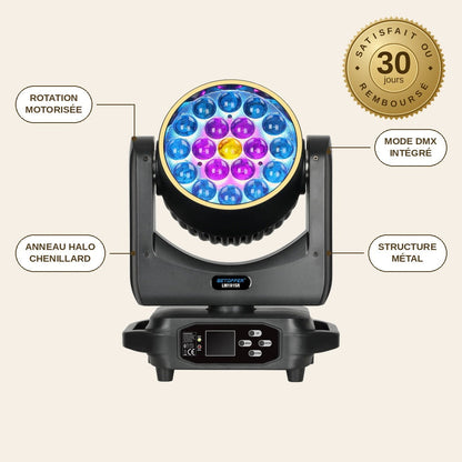 Lyre LED DJ Pro HaloPulse™ – Tête Mobile RGBW Anneau Halo 19×15W