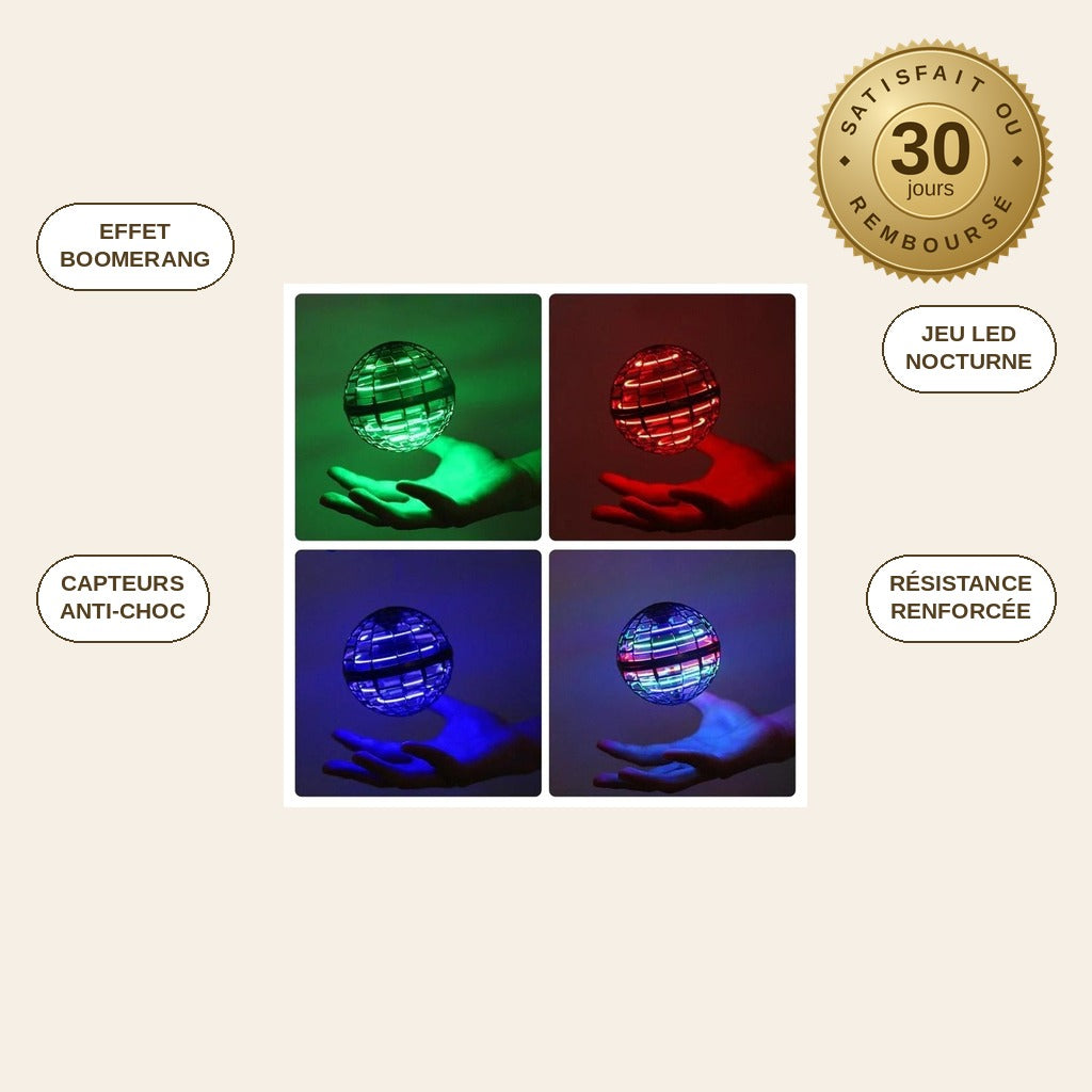 infographie — Balle Volante Lumineuse LED — Effet Boomerang Anti-Choc