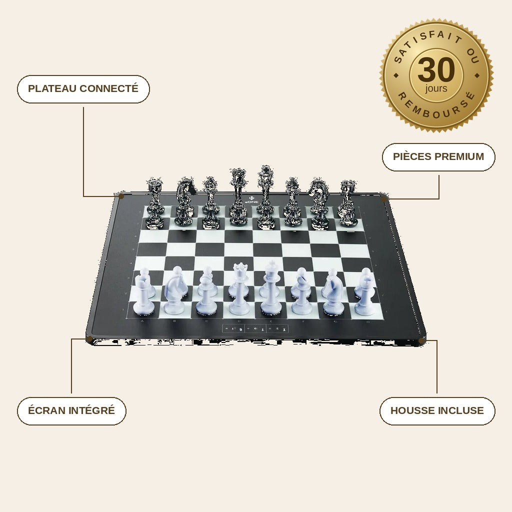 infographie — Échiquier Intelligent ChessLume™ — Plateau Connecté & Pièces Premium