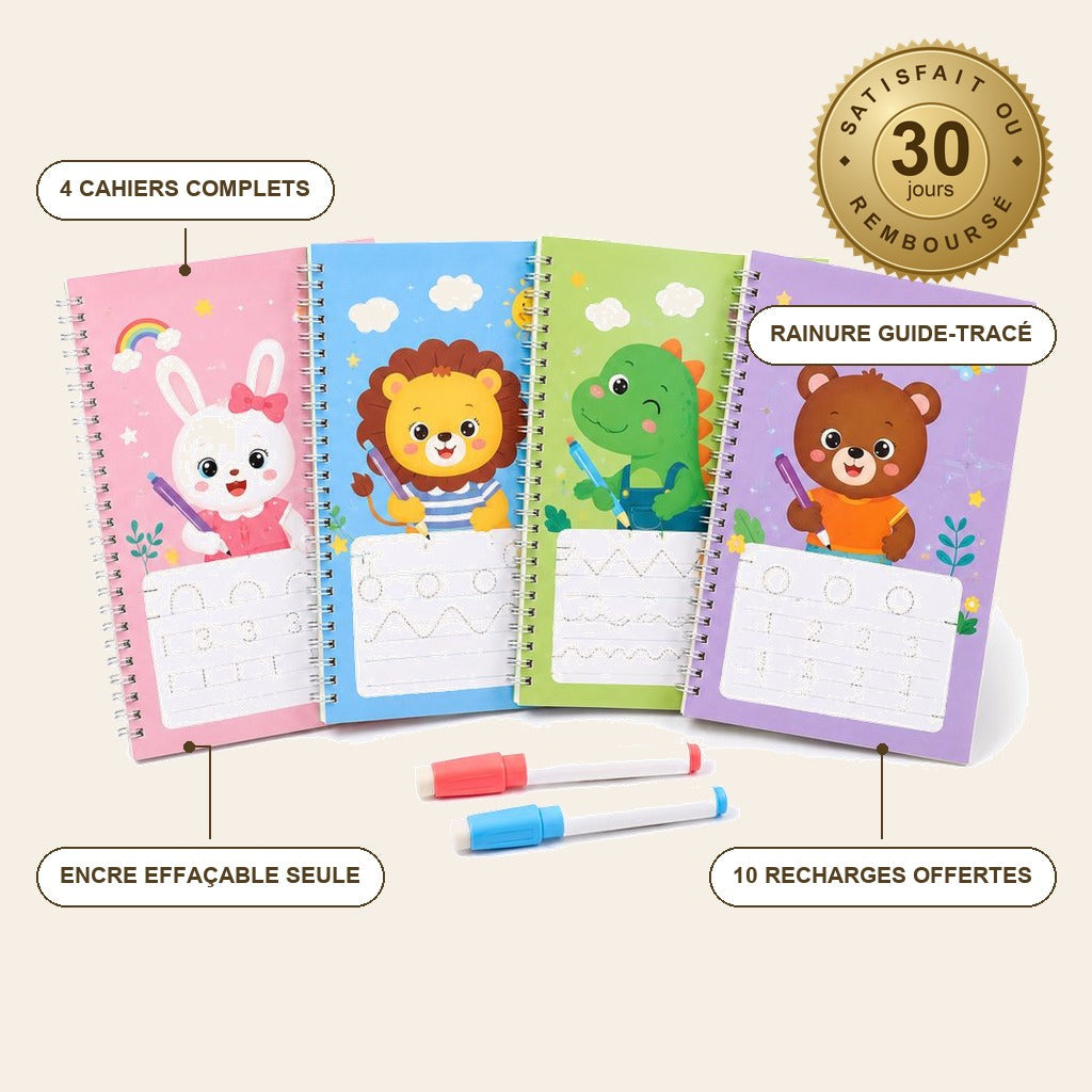 TraceMagic™ – Pack de 4 Cahiers d'Écriture Réutilisables