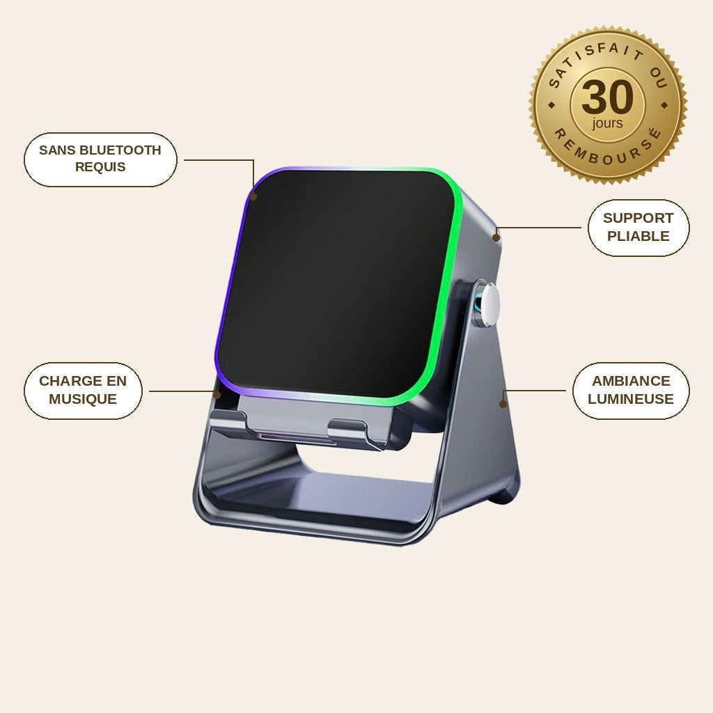 infographie — SonoGlow™ – Support Téléphone Enceinte à Induction 5-en-1