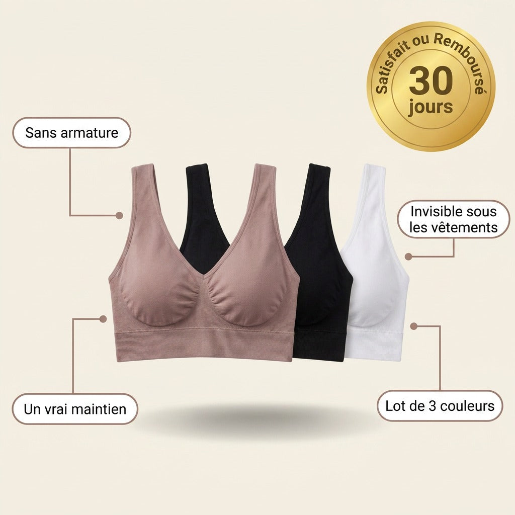 Sans armature, un vrai maintien, invisible sous les vetements, lot de 3 couleurs