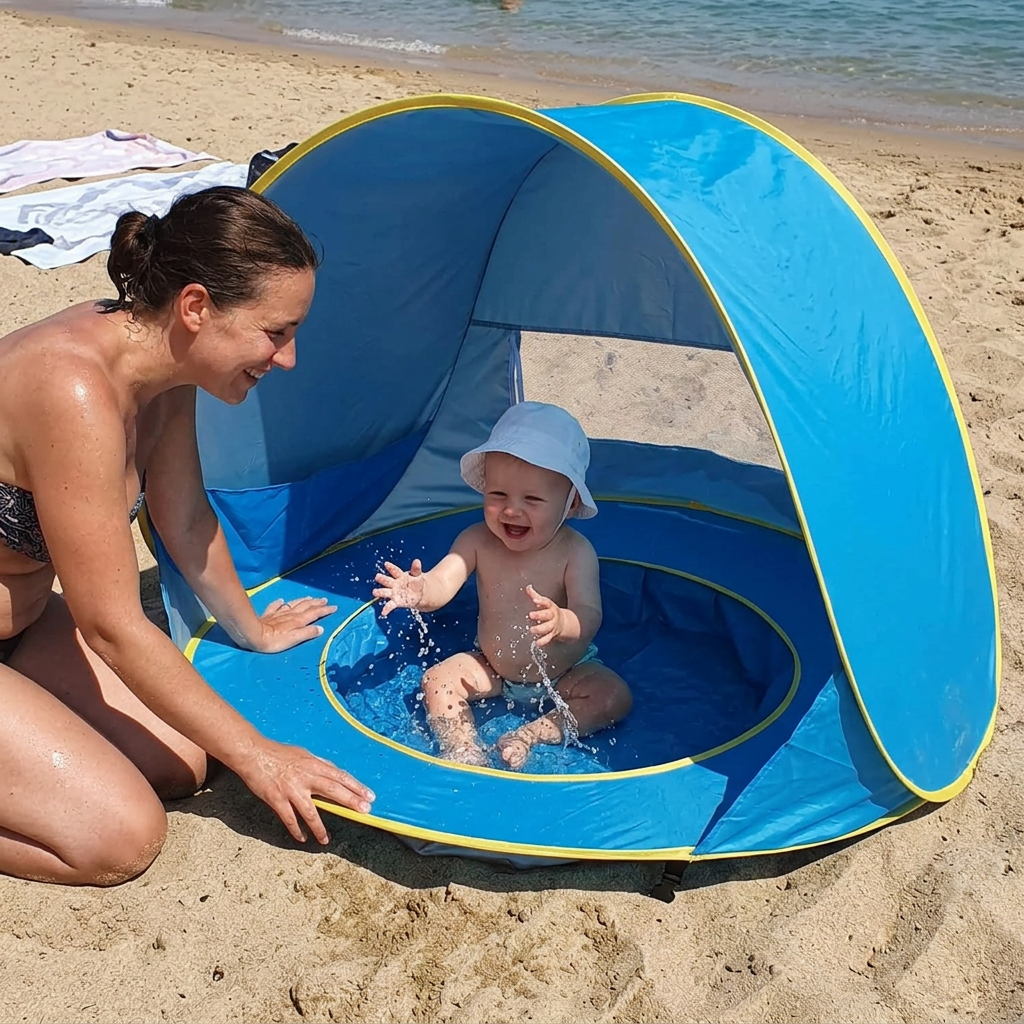 Bébé assis dans la piscine intégrée sur la plage