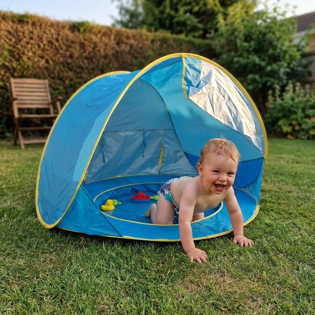 La tente installée sur la pelouse du jardin