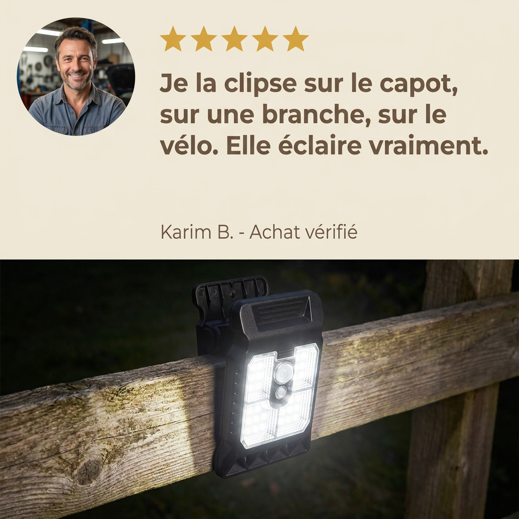 Avis client vérifié 5 étoiles — ClipLux – Lampe Solaire à Pince + Détecteur