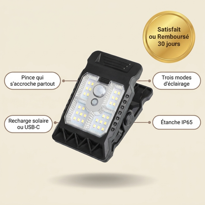 ClipLux – Lampe Solaire à Pince + Détecteur — caractéristiques