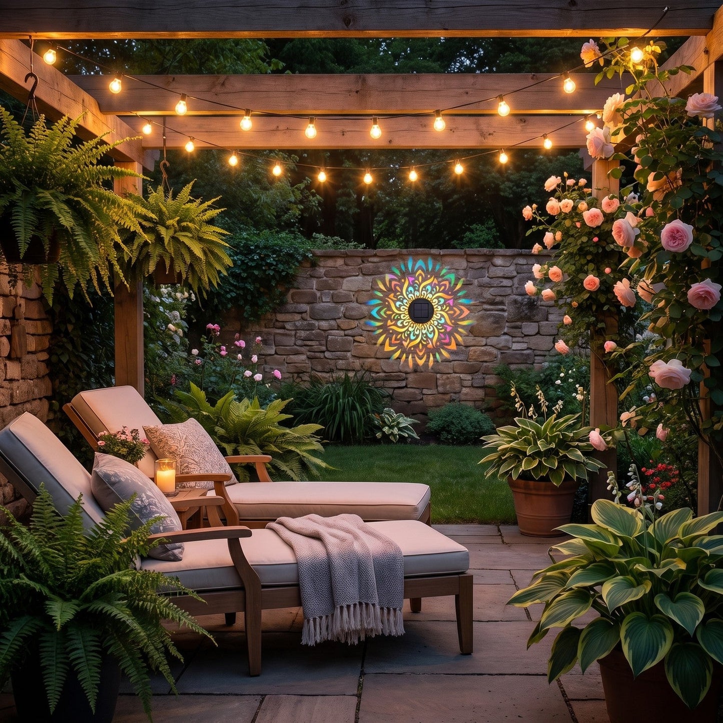 La lampe mandala dans un jardin le soir