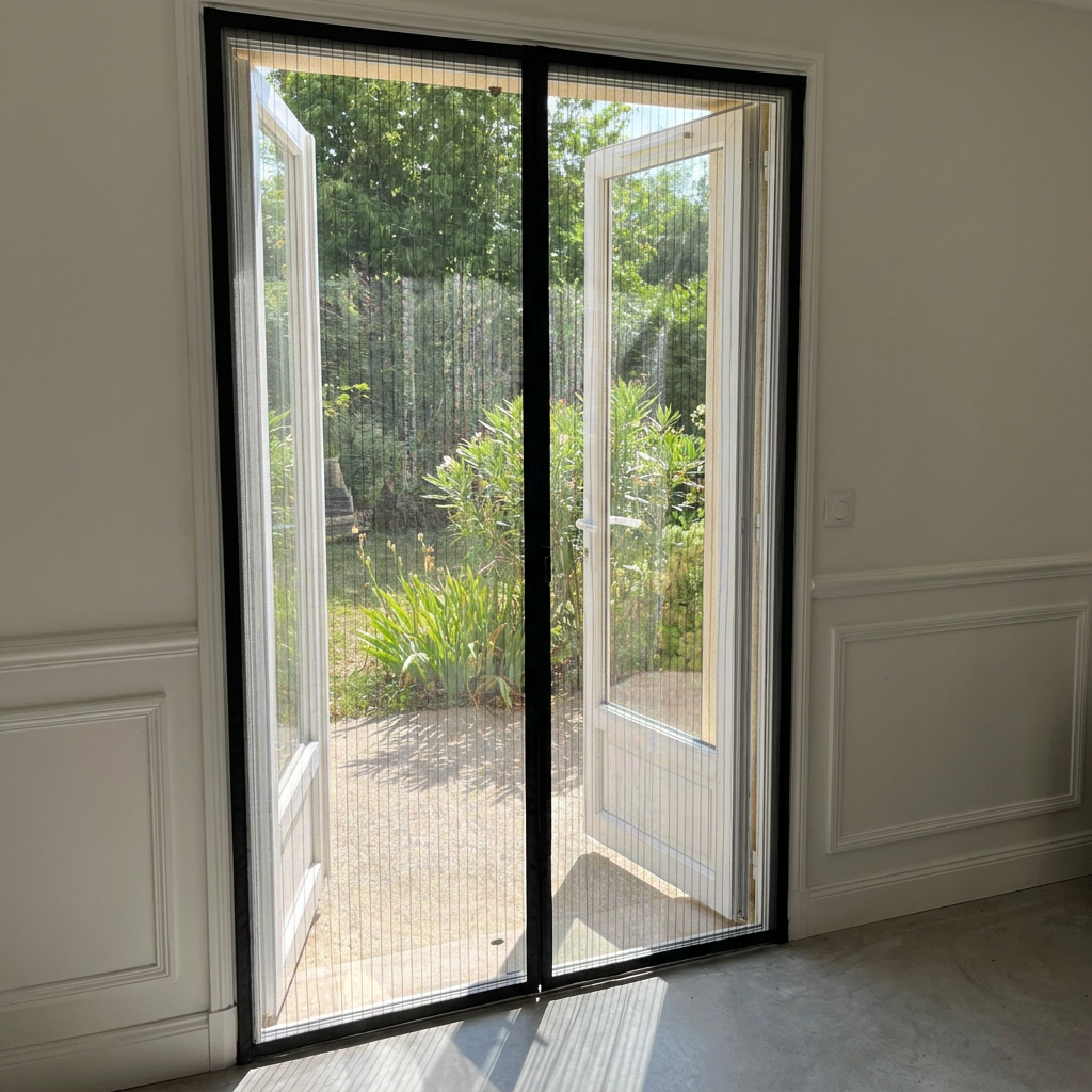 Moustiquaire magnetique fermee sur une porte-fenetre de salon