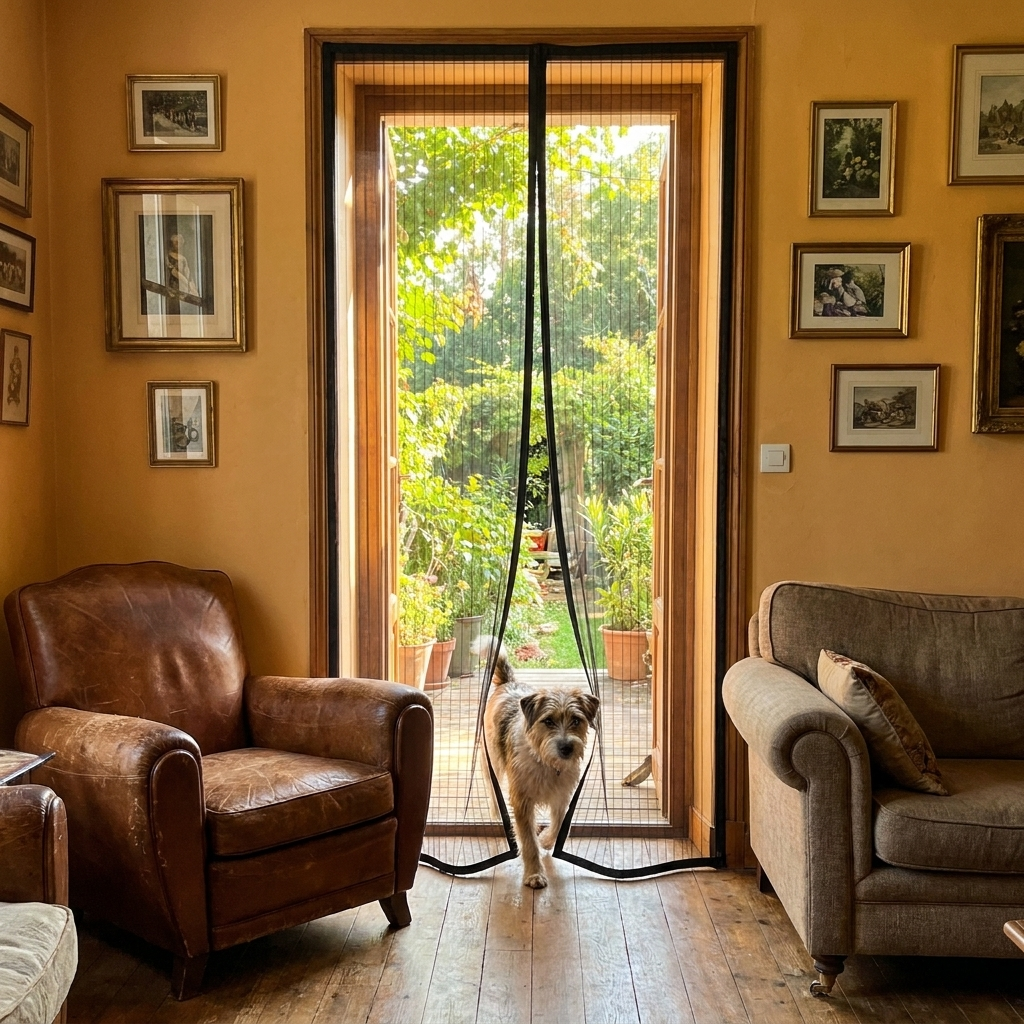 Un chien traverse seul la moustiquaire magnetique de porte
