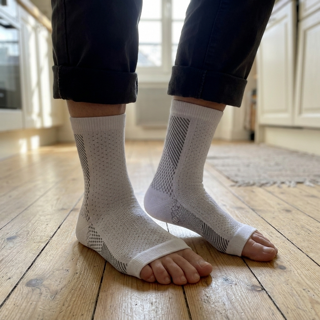 Chaussettes de compression NeuroMarche+ portees debout a la maison