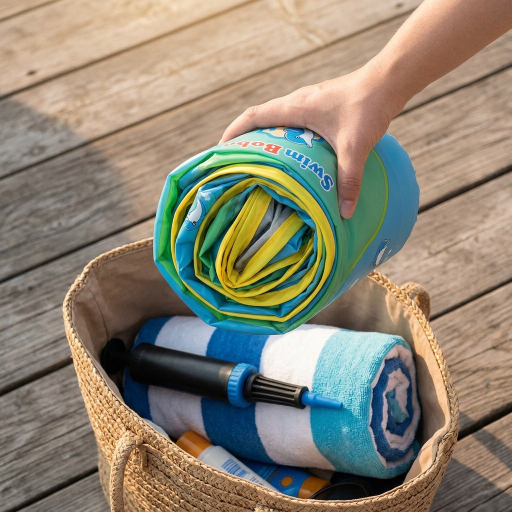 La bouée AquaCocon dégonflée et roulée dans un sac de plage