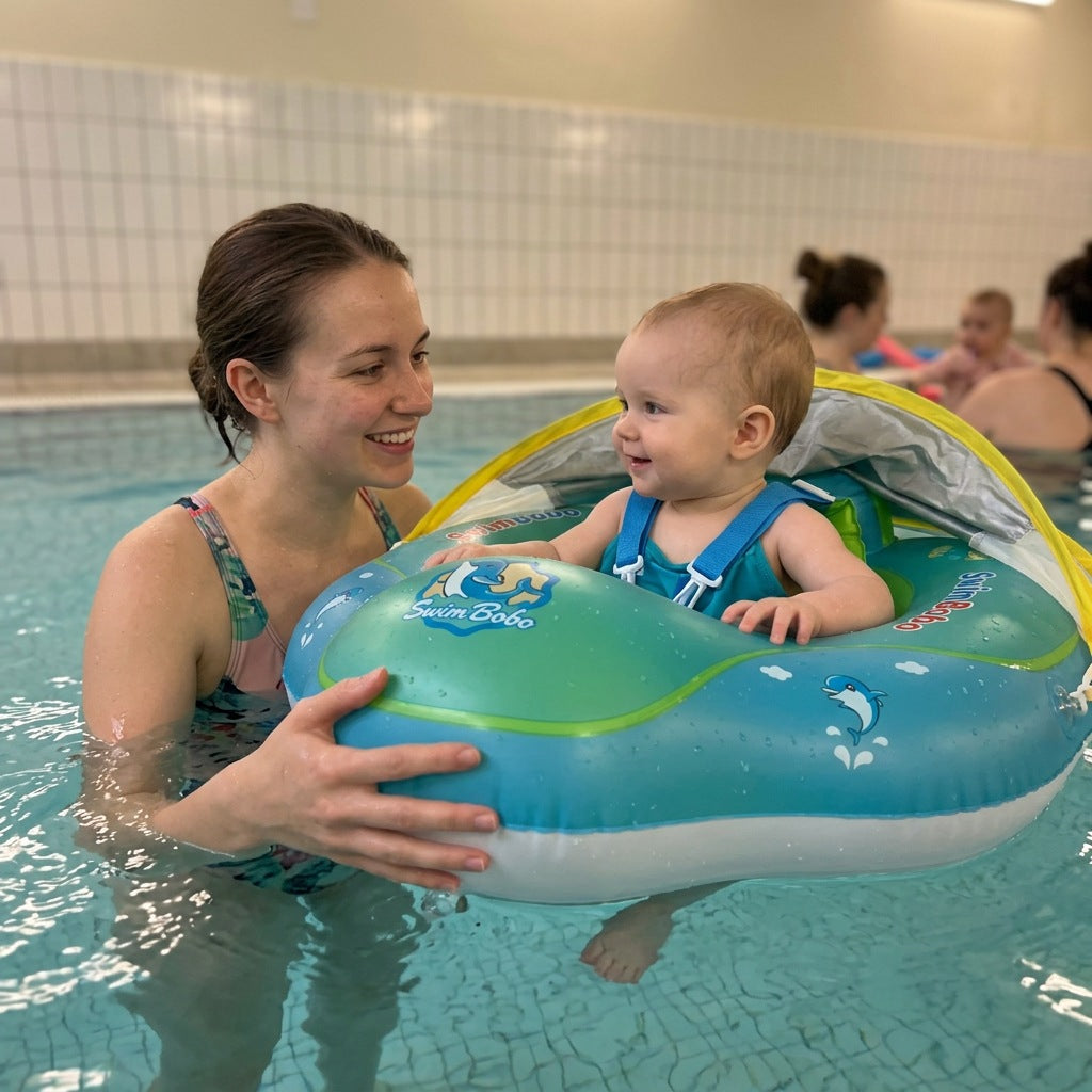 Maman et bébé en piscine couverte avec la bouée AquaCocon