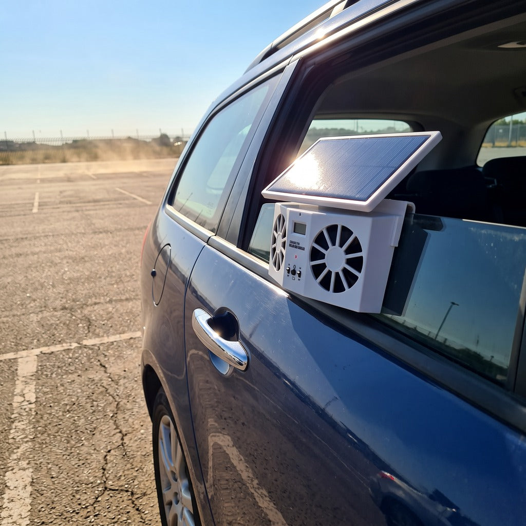 Ventilateur solaire posé sur la vitre d'une voiture garée au soleil