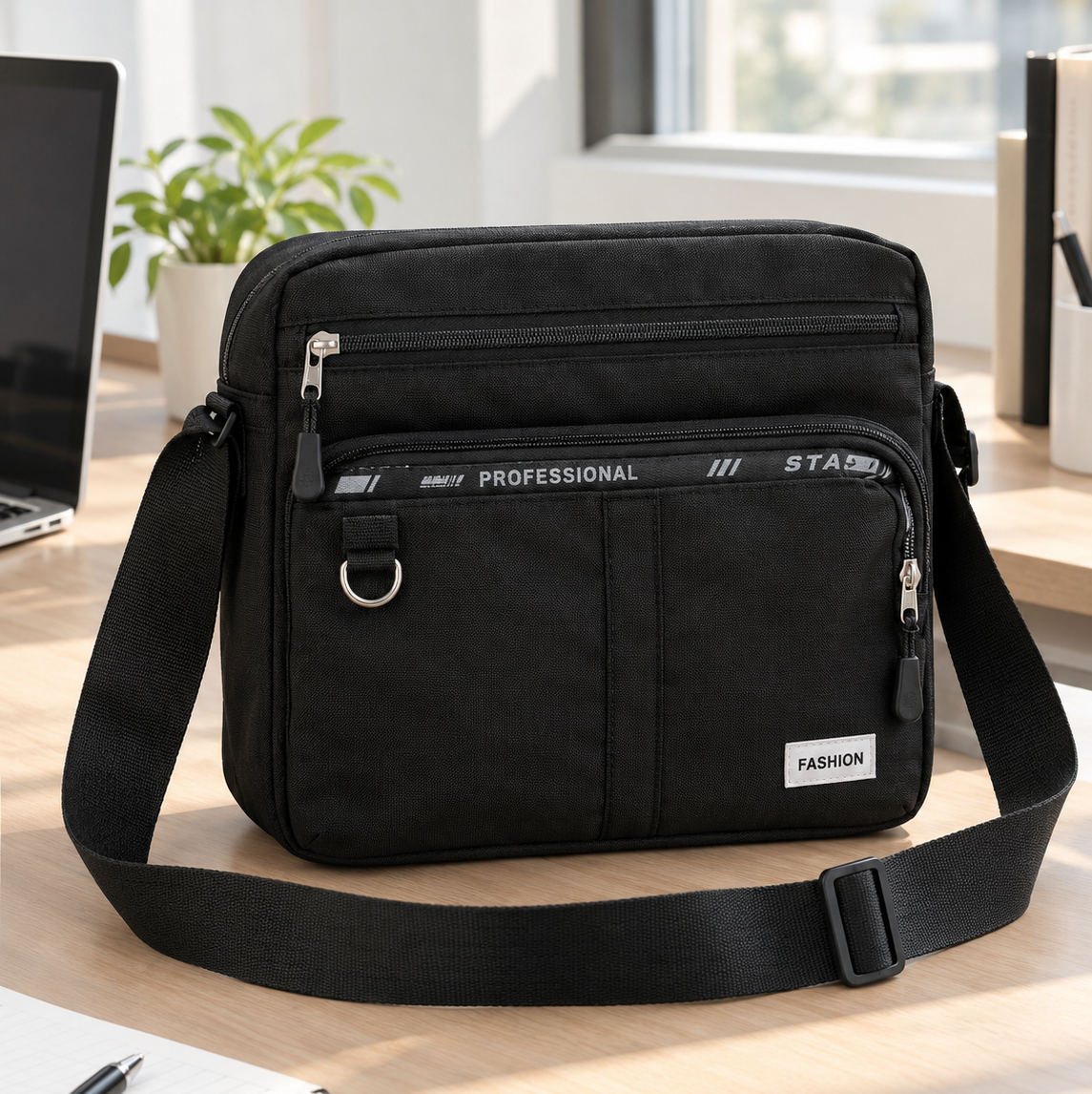 packshot — ZipNomad™ – Besace Bandoulière Homme Noire, Double Zip et Sangle Réglable