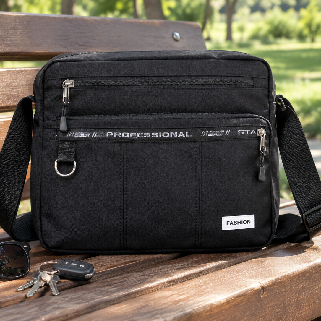 ZipNomad™ – Besace Bandoulière Homme Noire, Double Zip et Sangle Réglable