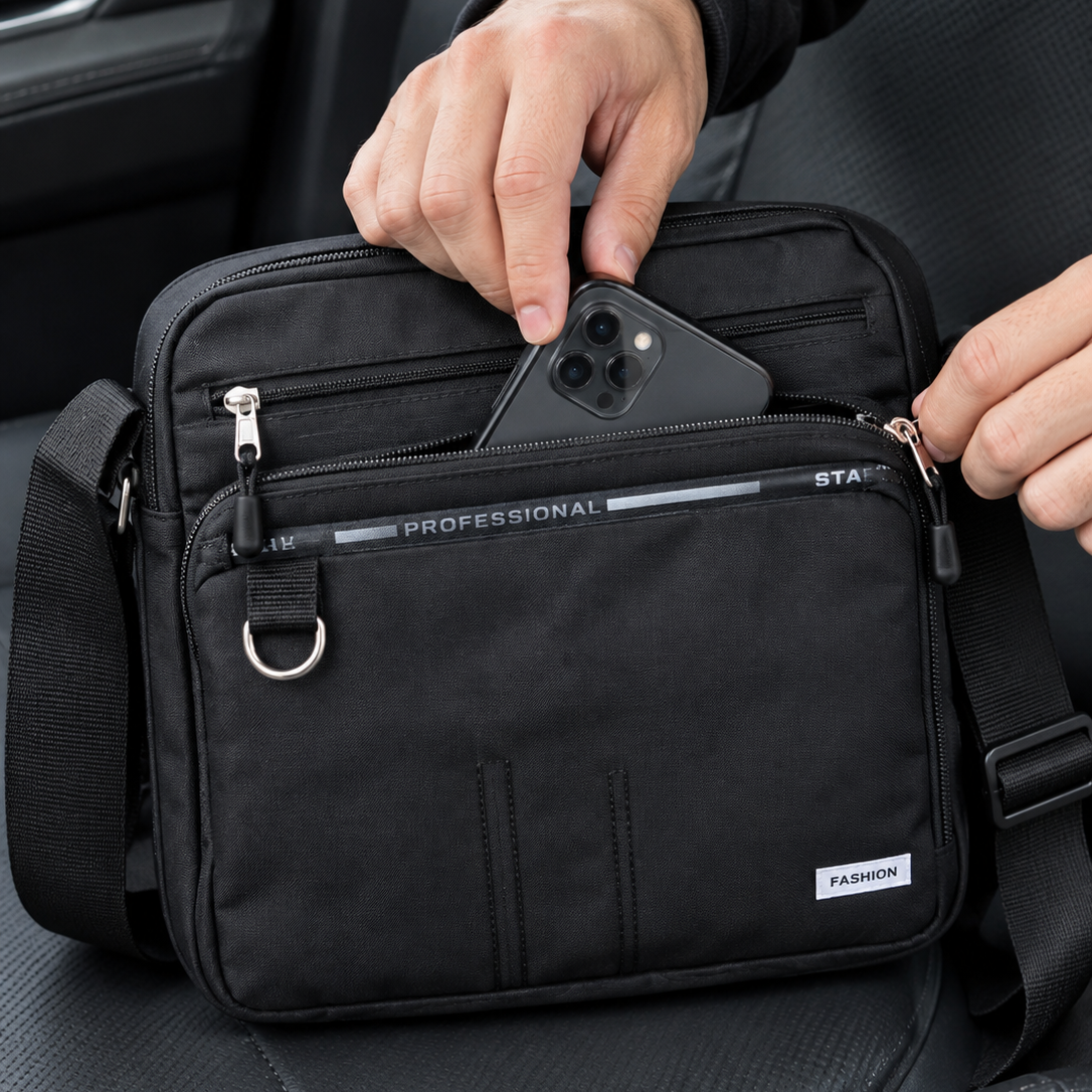 ZipNomad™ – Besace Bandoulière Homme Noire, Double Zip et Sangle Réglable